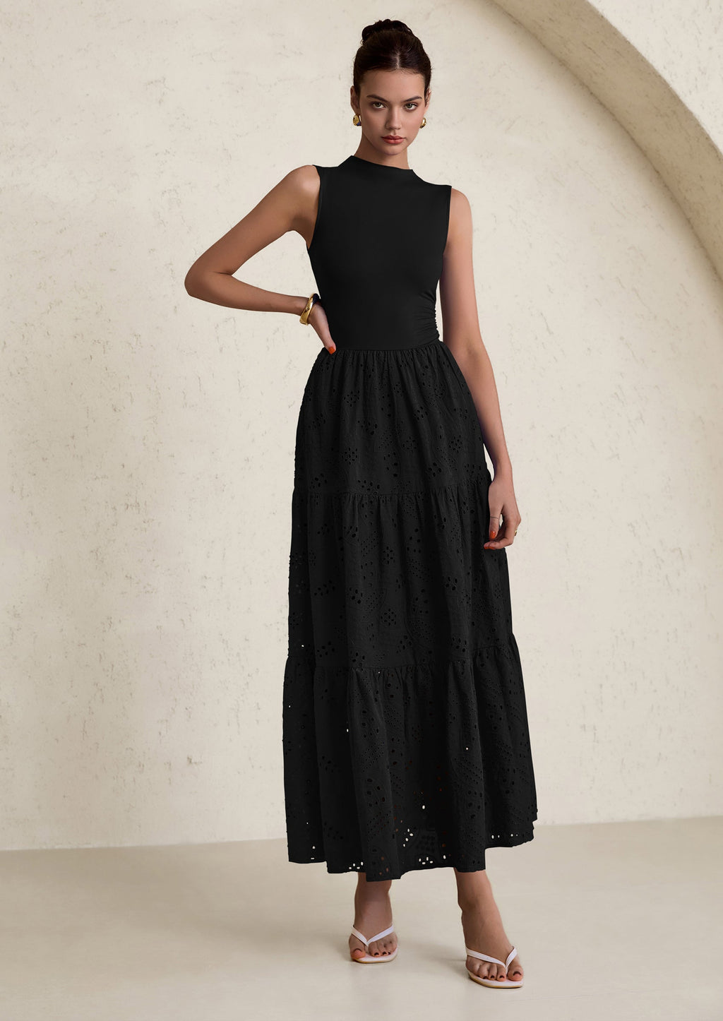 PRETTYGARDEN Dresses for Women Casual Eyelet Sleeveless Wedding Guest Maxi Dress Tank Top Sundress with Pockets