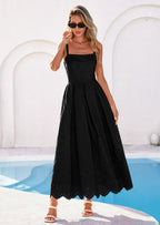 PRETTYGARDEN Womens Sleeveless Maxi Summer Dresses Hollow Out Eyelet Square Neck Ruffle Flowy Beach Vacation Sundress