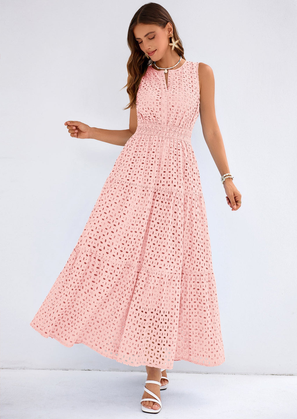 PRETTYGARDEN Summer Dresses for Women Sundresses Sleeveless V Neck Eyelet A Line Flowy Beach Vacation Spring Maxi Dress