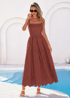 PRETTYGARDEN Womens Sleeveless Maxi Summer Dresses Hollow Out Eyelet Square Neck Ruffle Flowy Beach Vacation Sundress