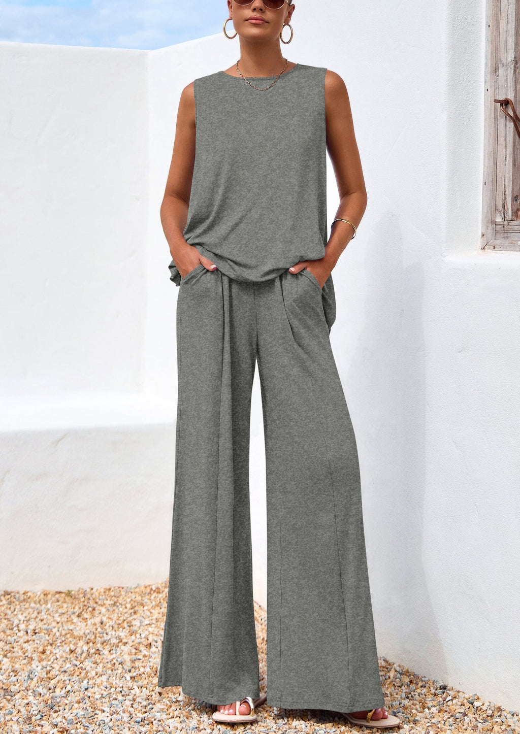 PRETTYGARDEN Women's Two Piece Matching Lounge Sets Asymmetrical Split Tank Tops Wide Leg Pants Summer Outfits Tracksuit