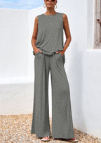 PRETTYGARDEN Women's Two Piece Matching Lounge Sets Asymmetrical Split Tank Tops Wide Leg Pants Summer Outfits Tracksuit