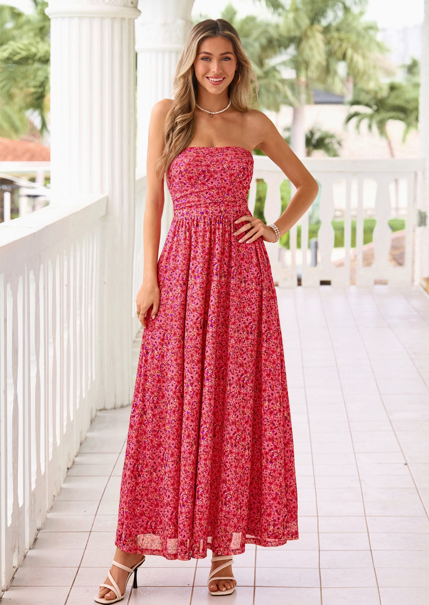 PRETTYGARDEN Womens Boho Maxi Dress Summer Floral Tube Strapless Spring Wedding Guest Cocktail Long Dresses