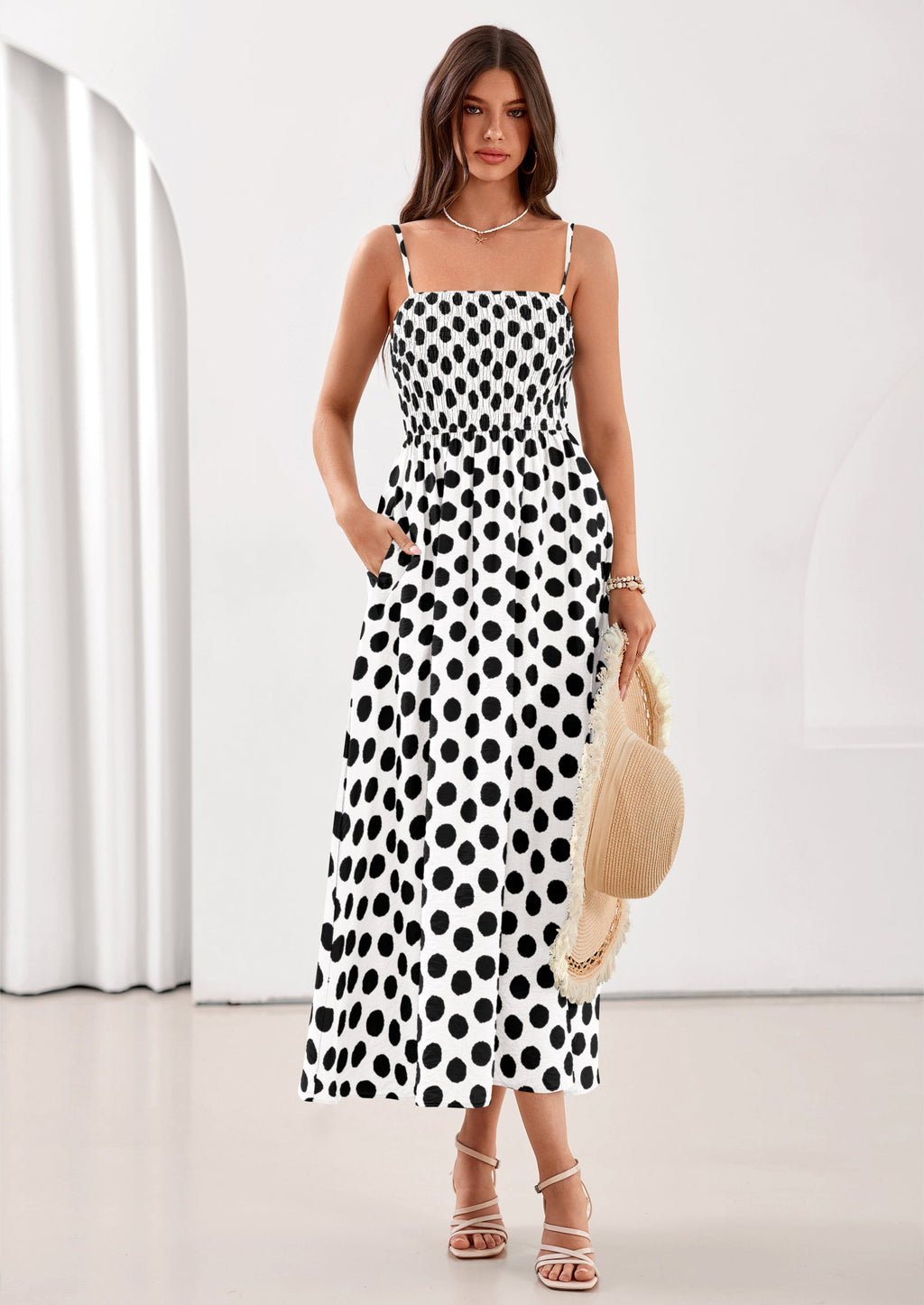 PRETTYGARDEN Womens Summer Dresses Spring Sleeveless Spaghetti Straps Casual Midi Dress Polka Dot Smocked Beach Sundress