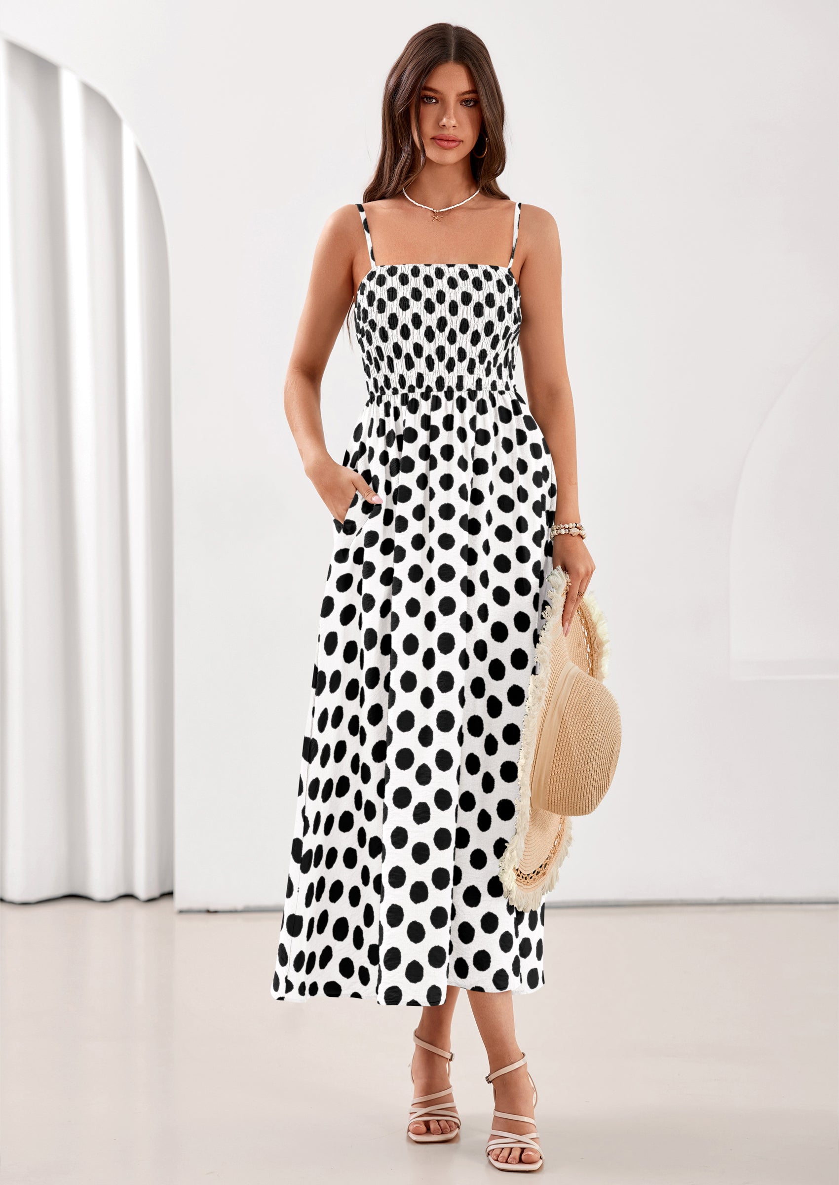 PRETTYGARDEN Womens Summer Dresses Spring Sleeveless Spaghetti Straps Casual Midi Dress Polka Dot Smocked Beach Sundress
