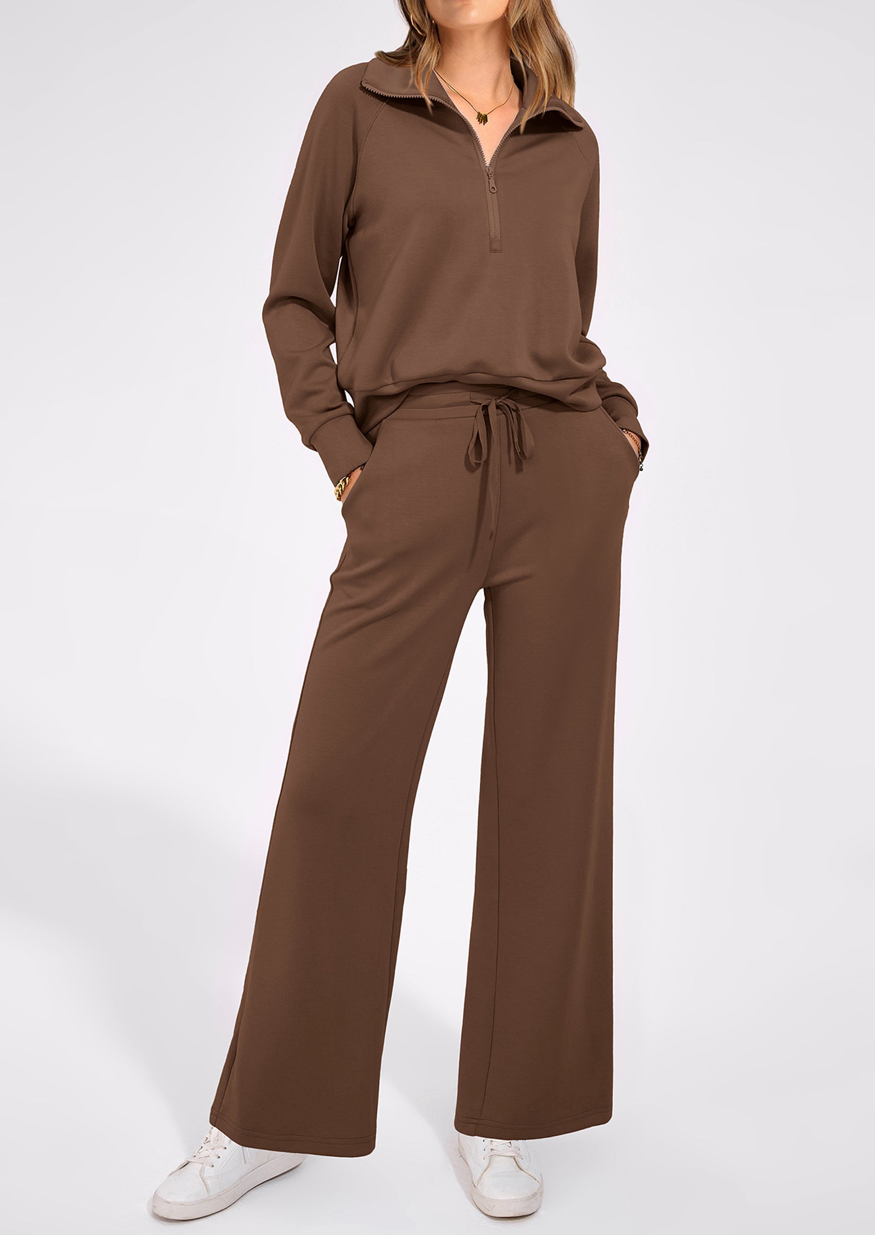 PRETTYGARDEN Women's 2 Piece Outfits Casual Lapel Half Zip Sweatshirts And Wide Leg Pants Tracksuit Sets