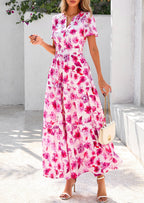 PRETTYGARDEN Women's Boho Maxi Dresses Floral Short Sleeve V Neck A Line Tiered Flowy Long Beach Vacation Dress