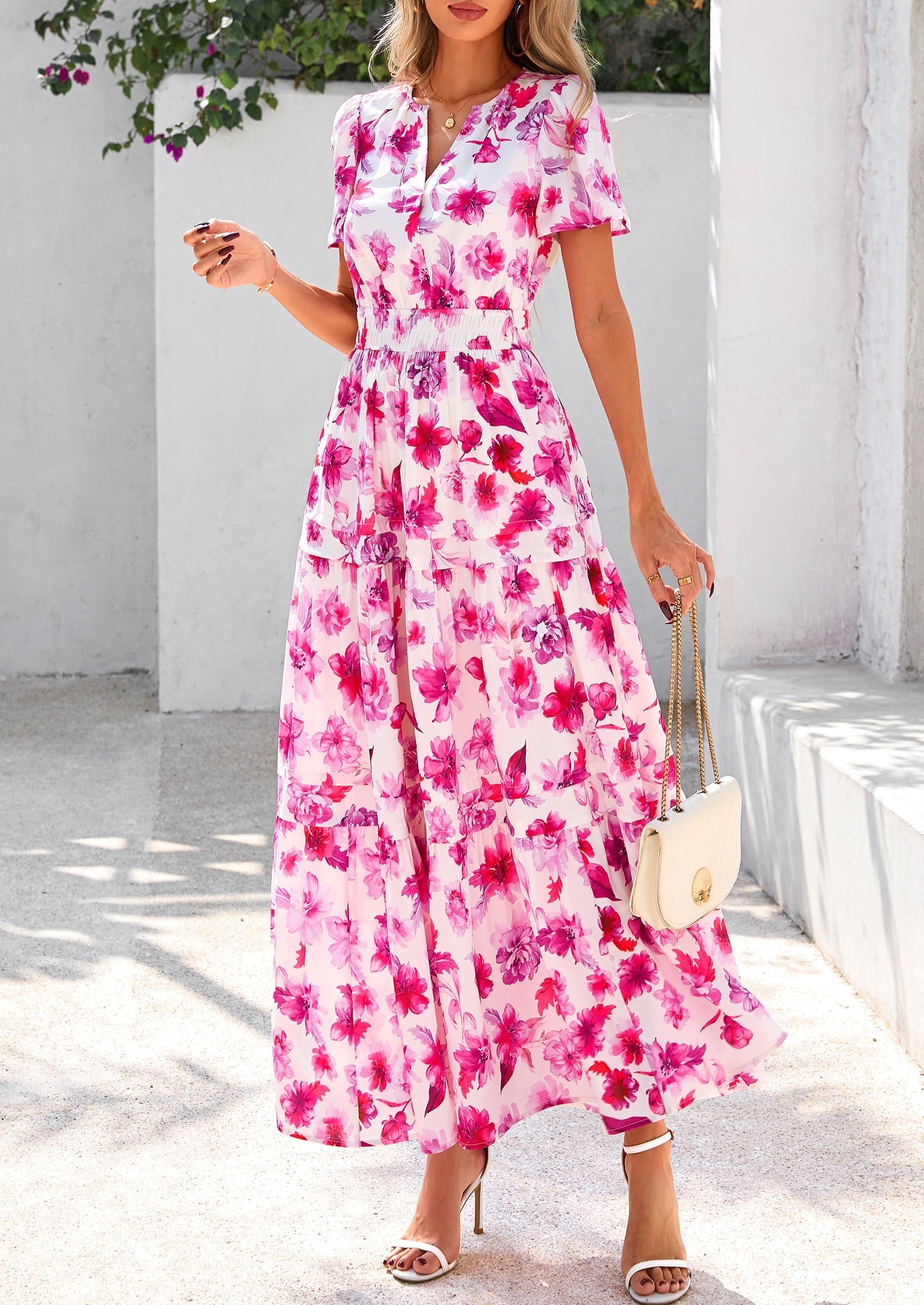 PRETTYGARDEN Women's Boho Maxi Dresses Floral Short Sleeve V Neck A Line Tiered Flowy Long Beach Vacation Dress