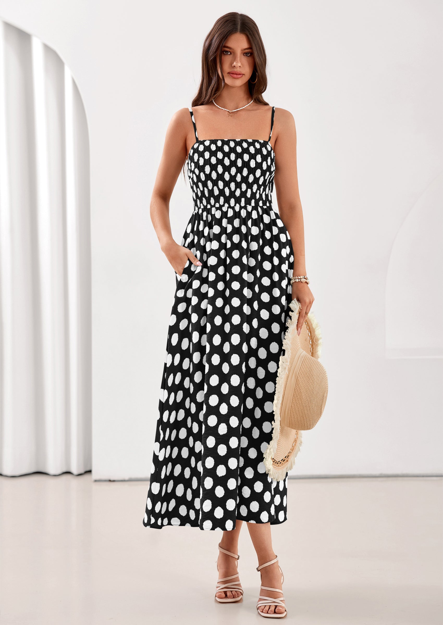 PRETTYGARDEN Womens Summer Dresses Spring Sleeveless Spaghetti Straps Casual Midi Dress Polka Dot Smocked Beach Sundress