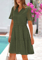 PRETTYGARDEN Women's Short Sleeve Mini Dress Summer V Neck Hollow Out Eyelet Ruffle A Line Swing Short Dresses