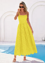 PRETTYGARDEN Womens Sleeveless Maxi Summer Dresses Hollow Out Eyelet Square Neck Ruffle Flowy Beach Vacation Sundress