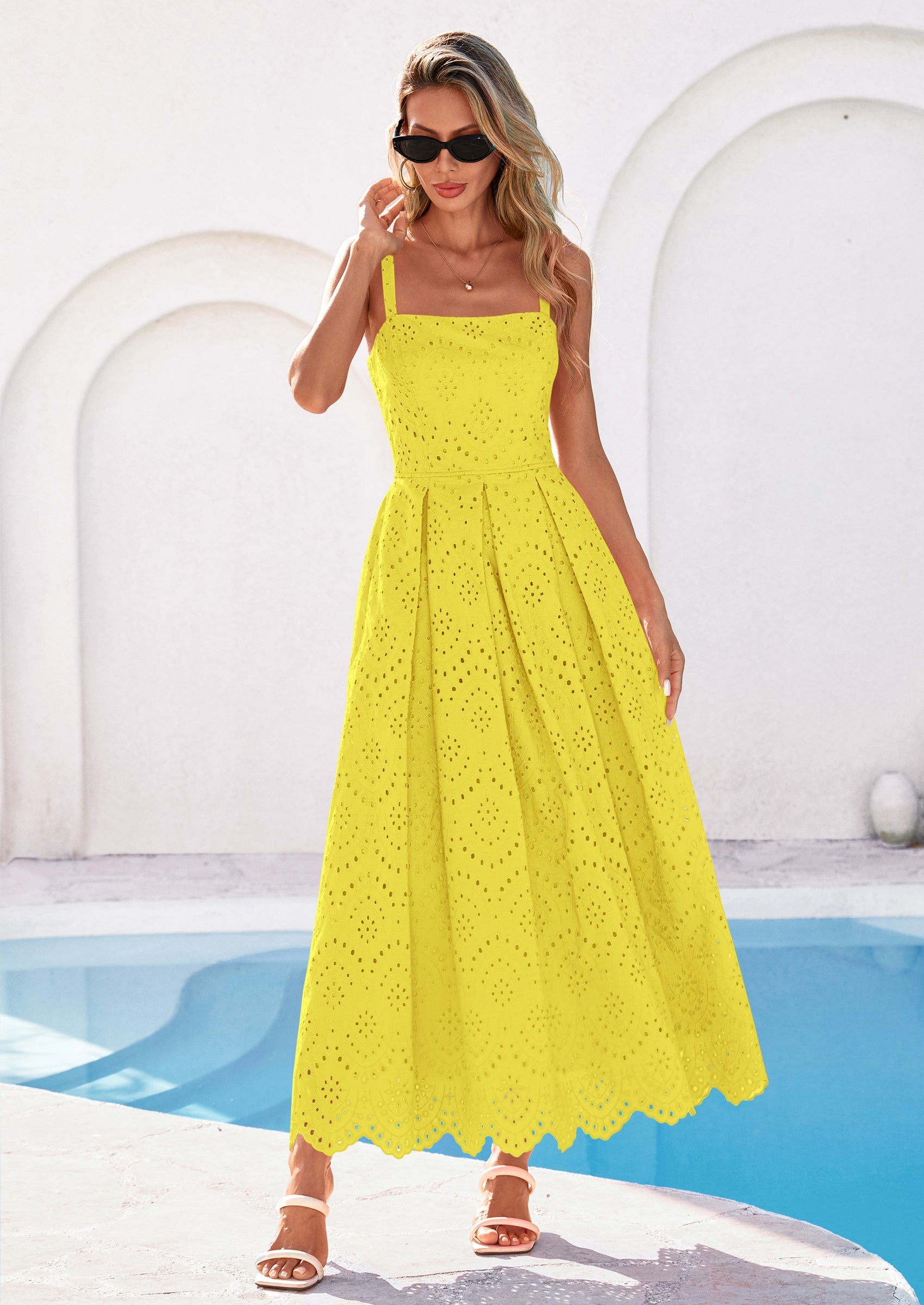 PRETTYGARDEN Womens Sleeveless Maxi Summer Dresses Hollow Out Eyelet Square Neck Ruffle Flowy Beach Vacation Sundress