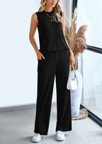 PRETTYGARDEN 2 Piece Set Loose Tank Top Wide Leg Pants Casual Matching Outfits Tracksuit