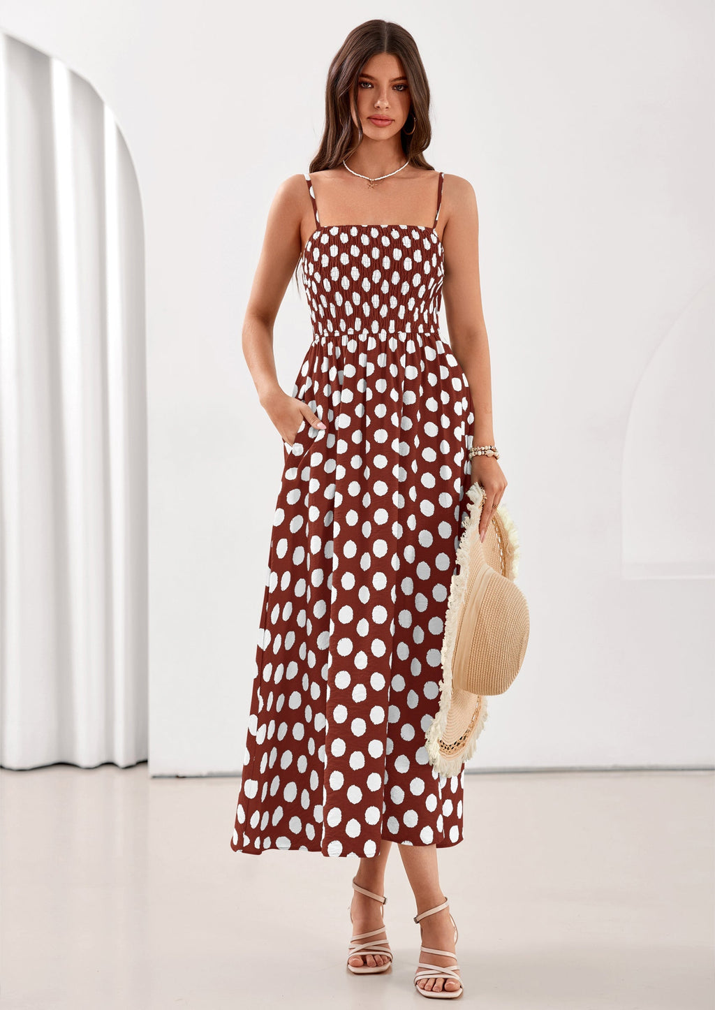 PRETTYGARDEN Womens Summer Dresses Spring Sleeveless Spaghetti Straps Casual Midi Dress Polka Dot Smocked Beach Sundress
