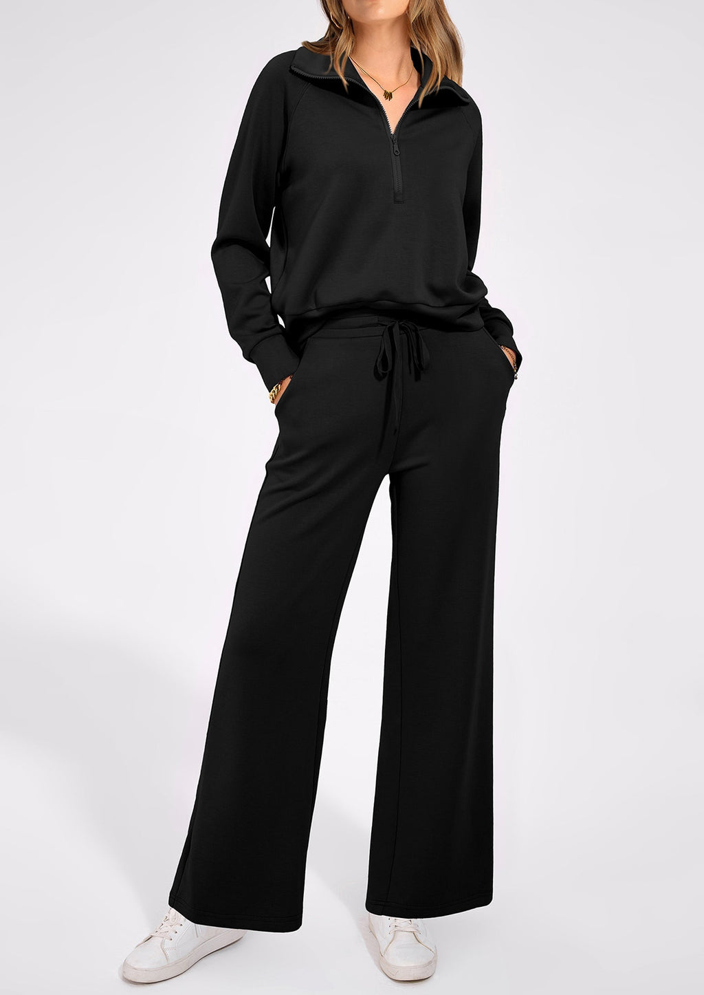 PRETTYGARDEN Women's 2 Piece Outfits Casual Lapel Half Zip Sweatshirts And Wide Leg Pants Tracksuit Sets