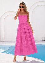 PRETTYGARDEN Womens Sleeveless Maxi Summer Dresses Hollow Out Eyelet Square Neck Ruffle Flowy Beach Vacation Sundress