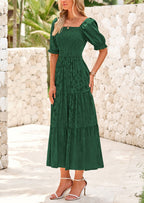 PRETTYGARDEN Women's Casual Midi Dresses Square Neck Short Sleeve Smocked A Line Floral Flowy Elegant Boho Dress