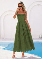 PRETTYGARDEN Womens Sleeveless Maxi Summer Dresses Hollow Out Eyelet Square Neck Ruffle Flowy Beach Vacation Sundress