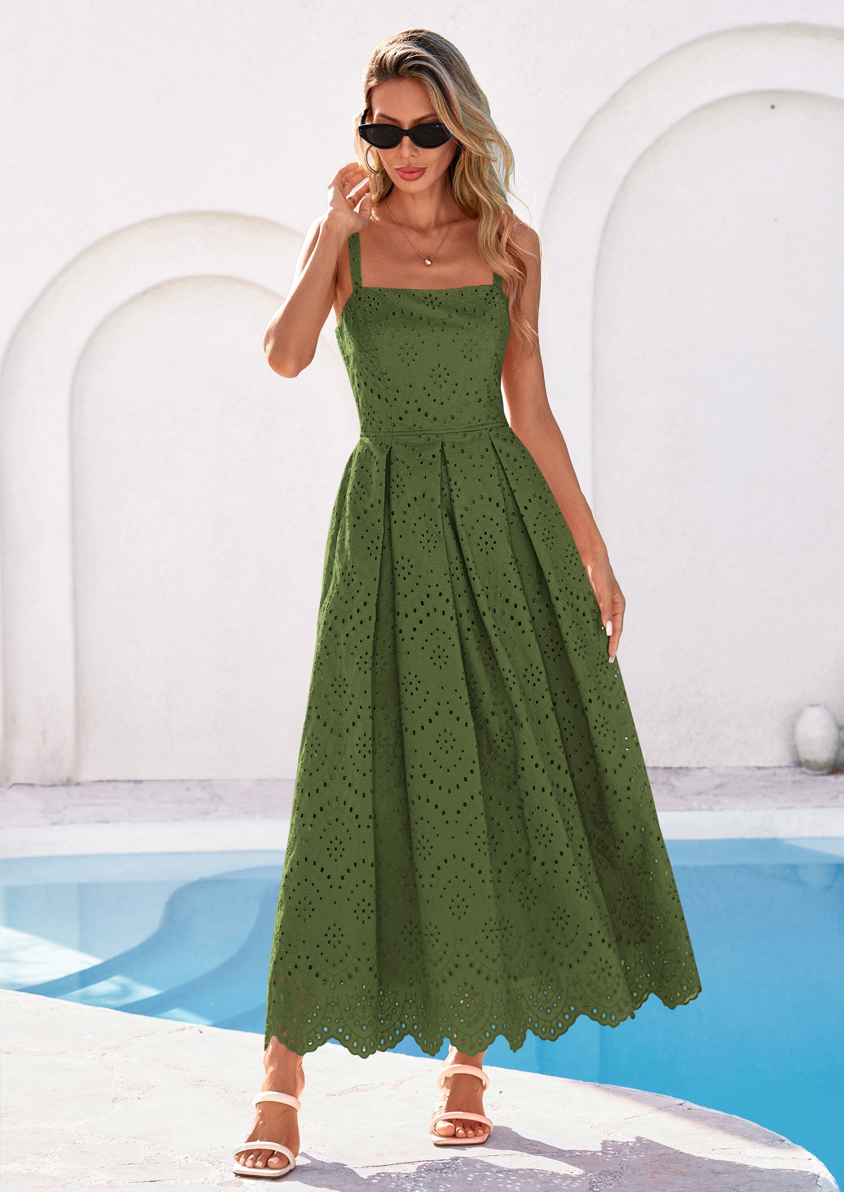PRETTYGARDEN Womens Sleeveless Maxi Summer Dresses Hollow Out Eyelet Square Neck Ruffle Flowy Beach Vacation Sundress