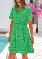 PRETTYGARDEN Women's Short Sleeve Mini Dress Summer V Neck Hollow Out Eyelet Ruffle A Line Swing Short Dresses