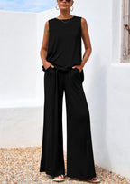 PRETTYGARDEN Women's Two Piece Matching Lounge Sets Asymmetrical Split Tank Tops Wide Leg Pants Summer Outfits Tracksuit