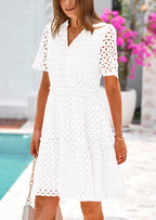 PRETTYGARDEN Women's Short Sleeve Mini Dress Summer V Neck Hollow Out Eyelet Ruffle A Line Swing Short Dresses