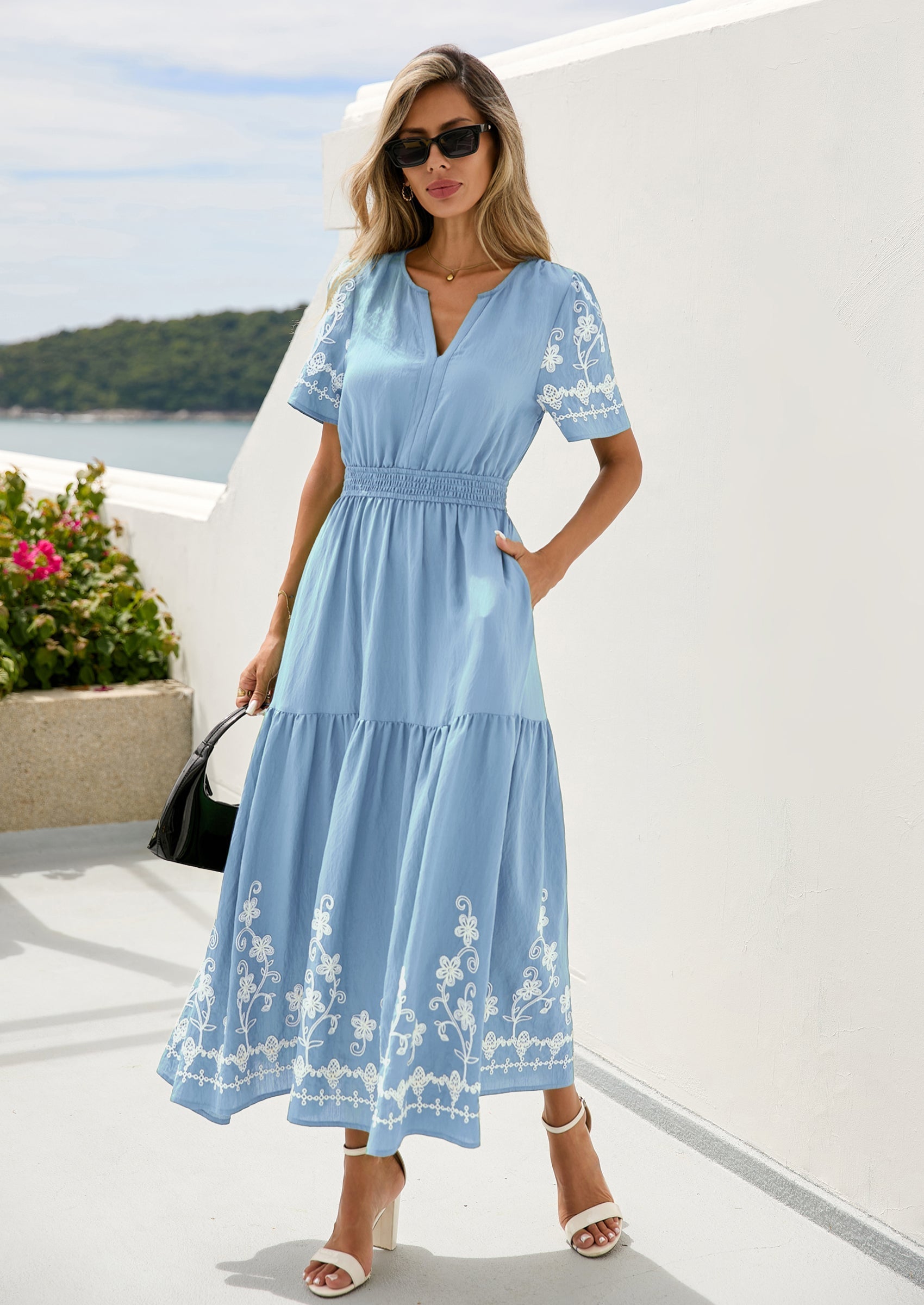 PRETTYGARDEN Women's Summer Boho Maxi Dress Spring Floral Short Sleeve V Neck A Line Flowy Beach Wedding Guest Dresses