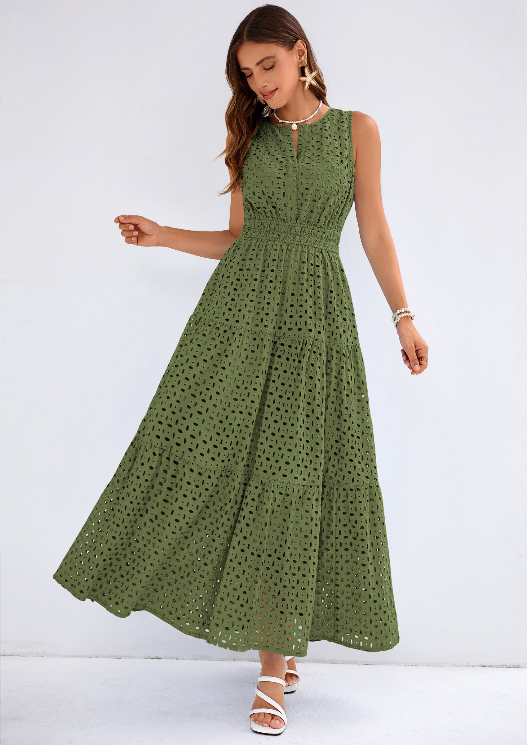 PRETTYGARDEN Summer Dresses for Women Sundresses Sleeveless V Neck Eyelet A Line Flowy Beach Vacation Spring Maxi Dress