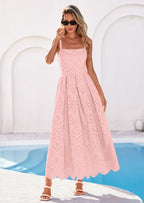PRETTYGARDEN Womens Sleeveless Maxi Summer Dresses Hollow Out Eyelet Square Neck Ruffle Flowy Beach Vacation Sundress