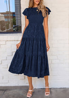 PRETTYGARDEN Midi Dress for Women Summer Floral Cap Sleeve Smocked Ruffle A Line Long Flowy Wedding Guest Dresses