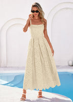 PRETTYGARDEN Womens Sleeveless Maxi Summer Dresses Hollow Out Eyelet Square Neck Ruffle Flowy Beach Vacation Sundress