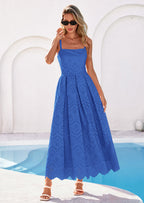 PRETTYGARDEN Womens Sleeveless Maxi Summer Dresses Hollow Out Eyelet Square Neck Ruffle Flowy Beach Vacation Sundress