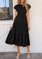 PRETTYGARDEN Midi Dress for Women Summer Floral Cap Sleeve Smocked Ruffle A Line Long Flowy Wedding Guest Dresses
