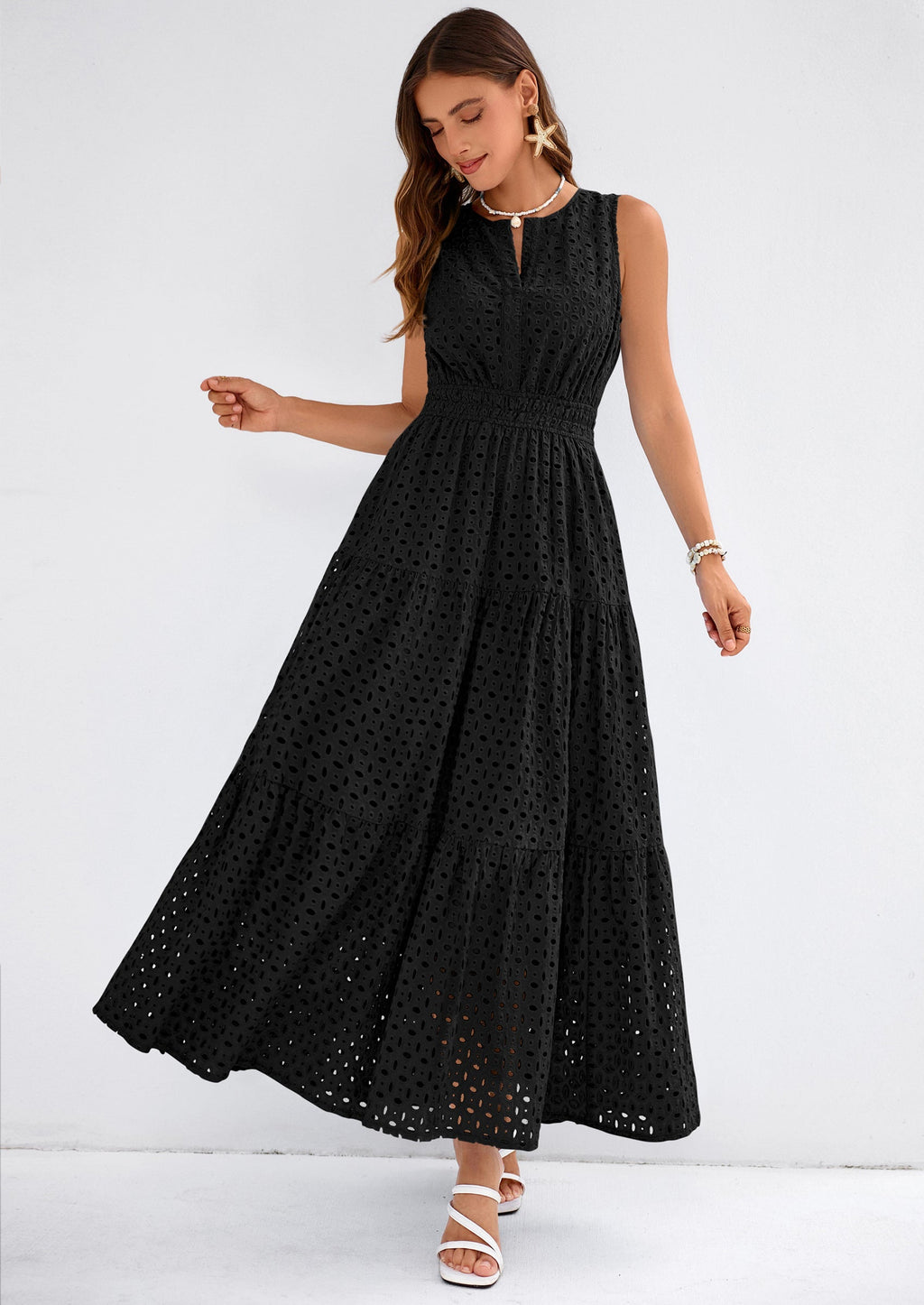 PRETTYGARDEN Summer Dresses for Women Sundresses Sleeveless V Neck Eyelet A Line Flowy Beach Vacation Spring Maxi Dress
