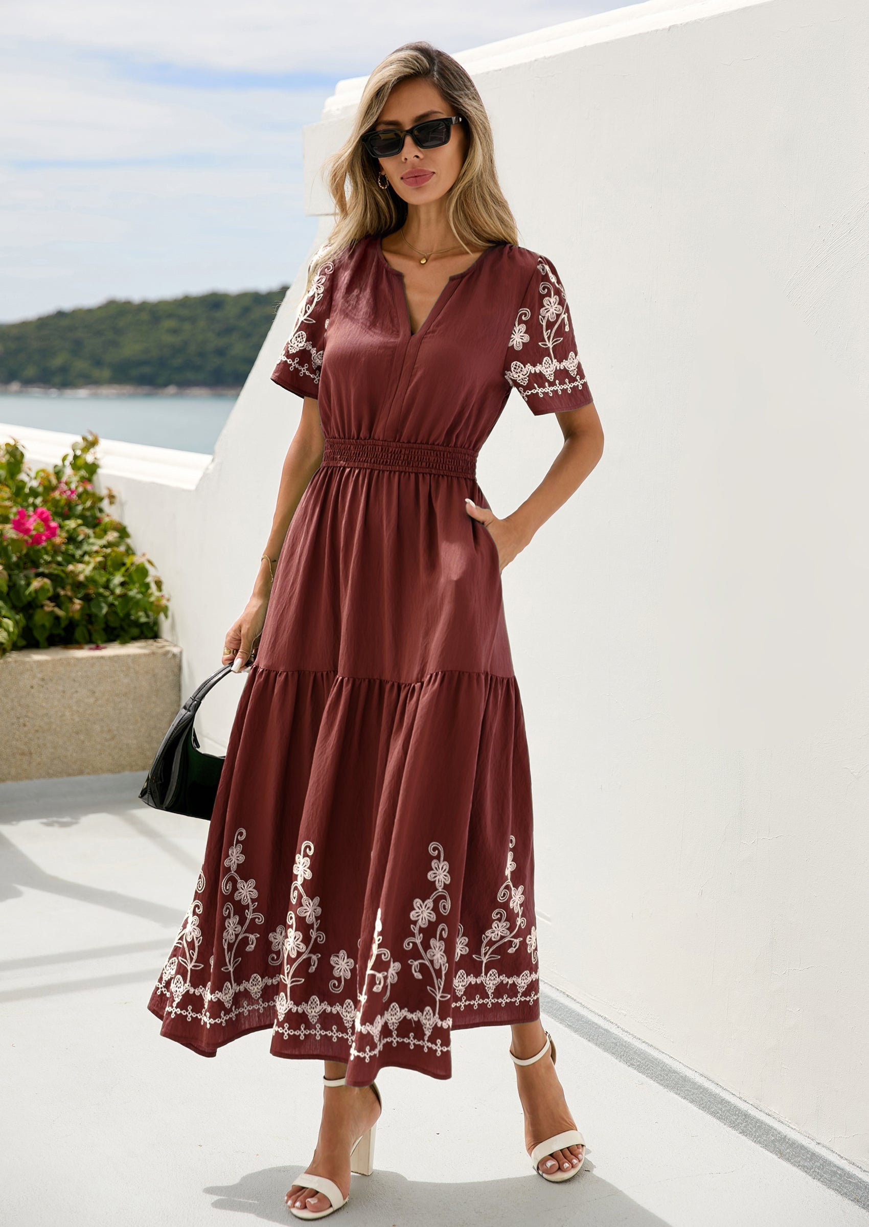PRETTYGARDEN Women's Summer Boho Maxi Dress Spring Floral Short Sleeve V Neck A Line Flowy Beach Wedding Guest Dresses