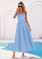 PRETTYGARDEN Womens Sleeveless Maxi Summer Dresses Hollow Out Eyelet Square Neck Ruffle Flowy Beach Vacation Sundress
