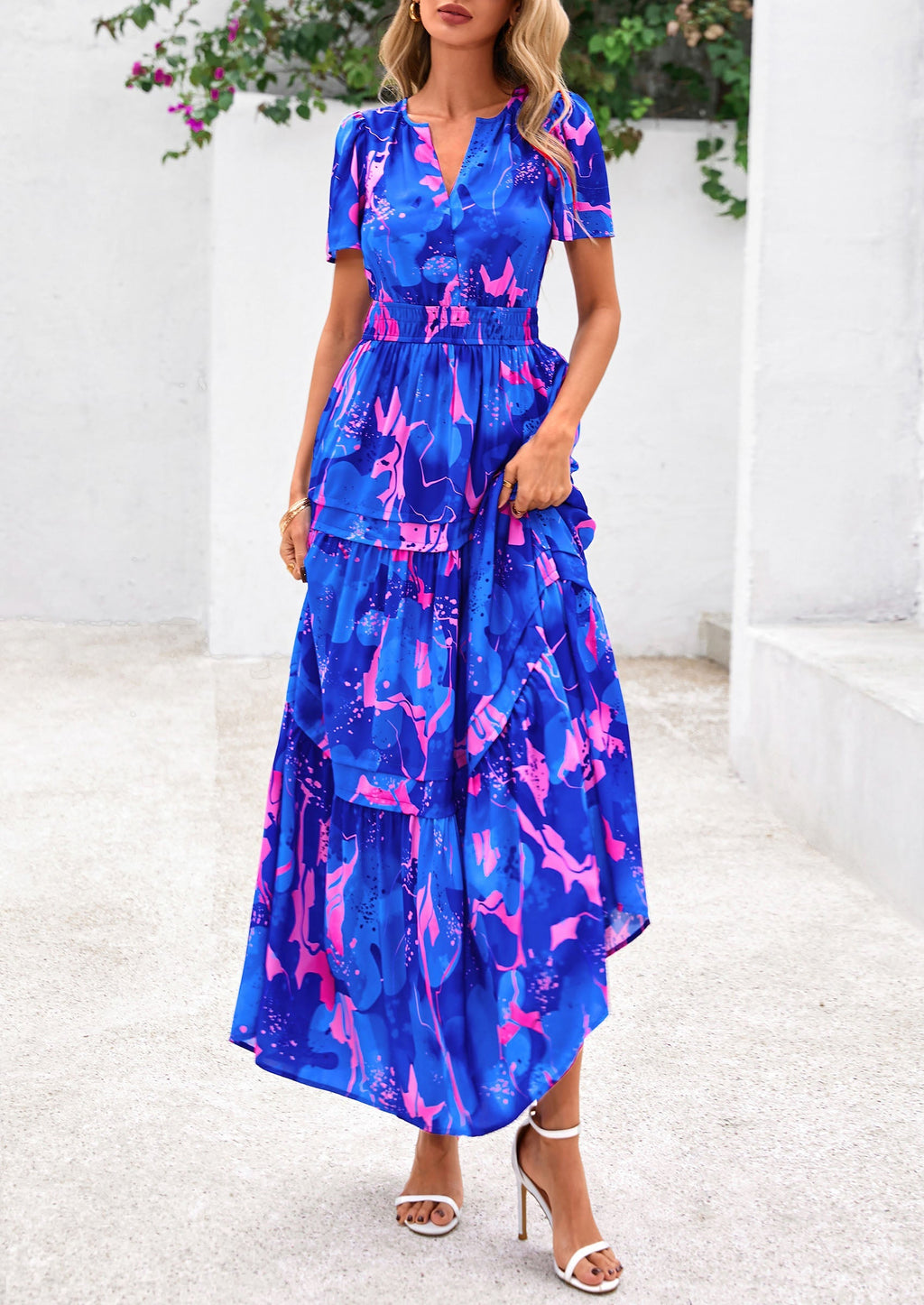 PRETTYGARDEN Women's Boho Maxi Dresses Floral Short Sleeve V Neck A Line Tiered Flowy Long Beach Vacation Dress