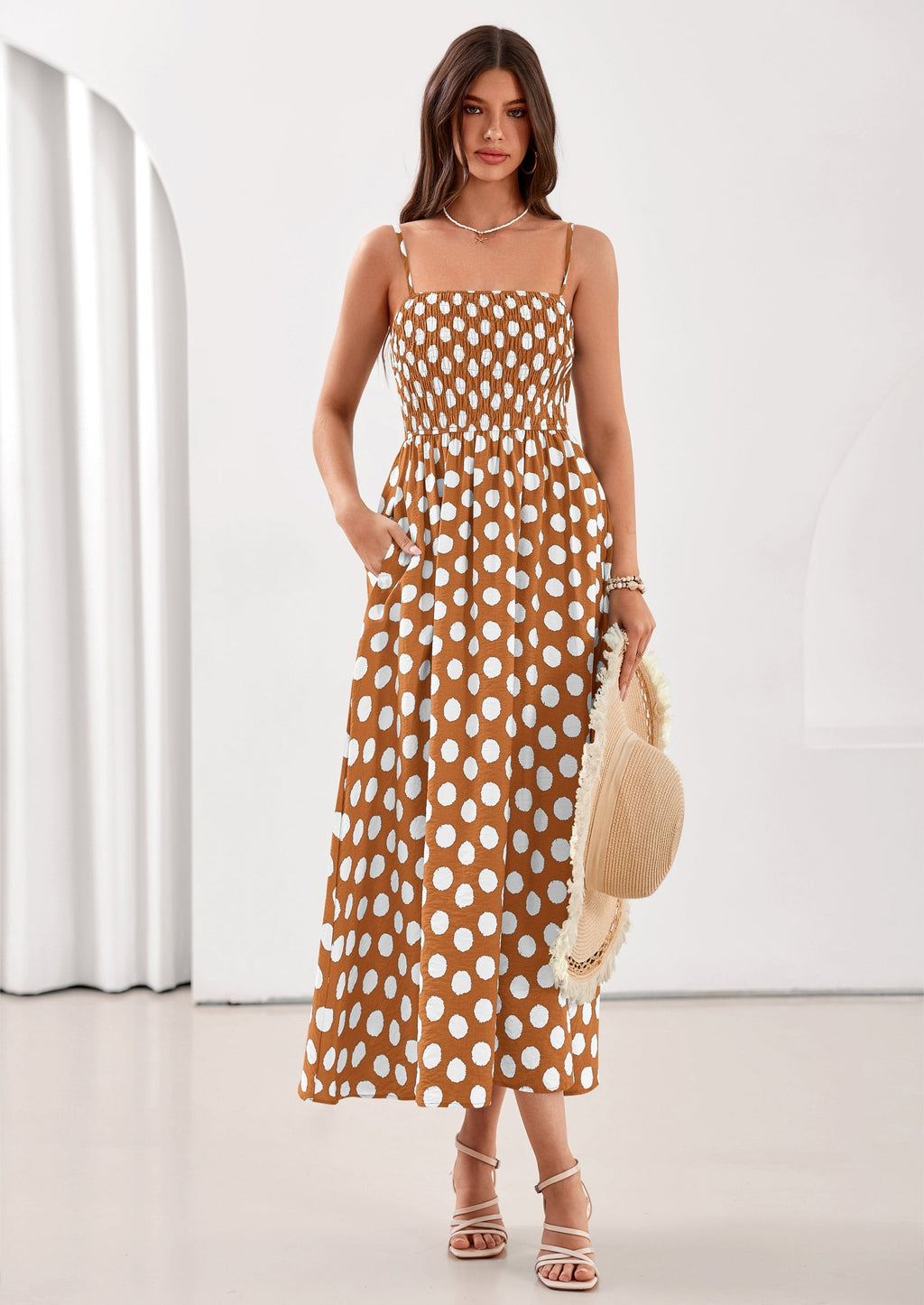 PRETTYGARDEN Womens Summer Dresses Spring Sleeveless Spaghetti Straps Casual Midi Dress Polka Dot Smocked Beach Sundress