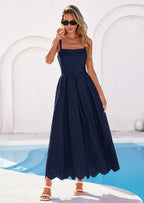 PRETTYGARDEN Womens Sleeveless Maxi Summer Dresses Hollow Out Eyelet Square Neck Ruffle Flowy Beach Vacation Sundress