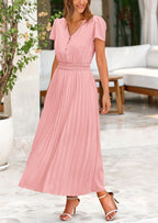 PRETTYGARDEN Women's Maxi Dresses Summer Trendy Cap Short Sleeve Button V Neck Casual Flowy Pleated Long Dress