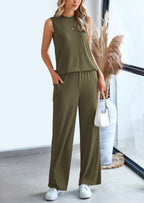 PRETTYGARDEN 2 Piece Set Loose Tank Top Wide Leg Pants Casual Matching Outfits Tracksuit