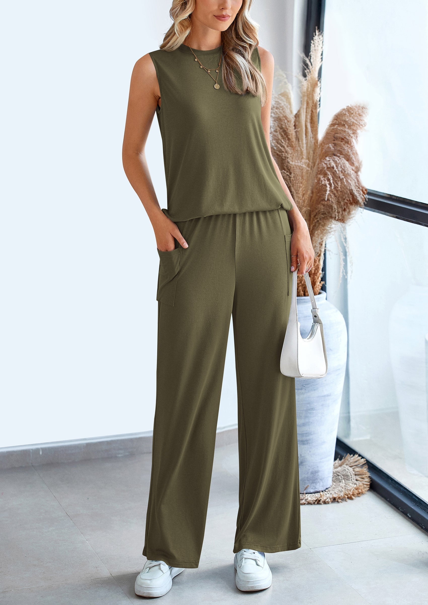 PRETTYGARDEN 2 Piece Set Loose Tank Top Wide Leg Pants Casual Matching Outfits Tracksuit