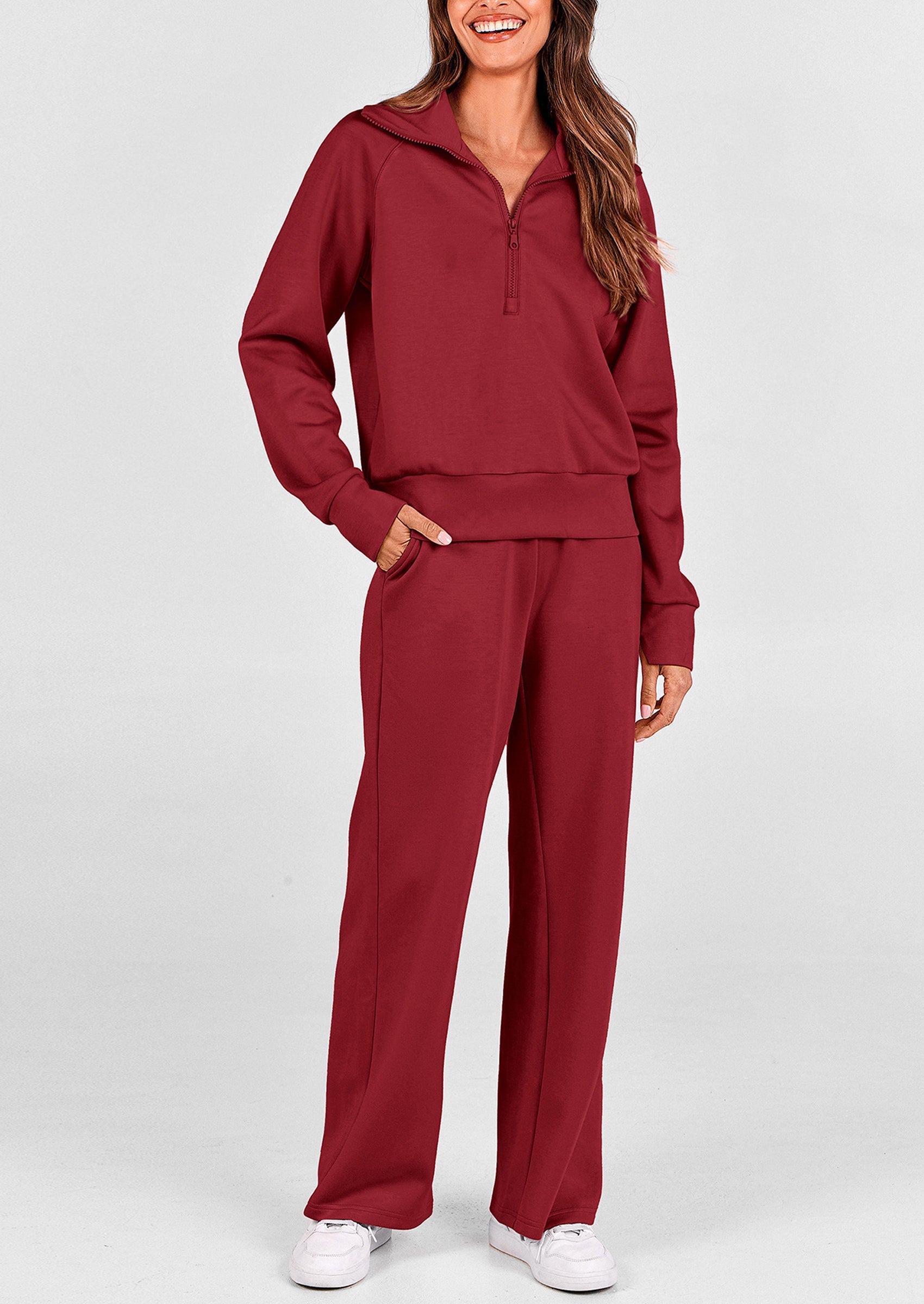 PRETTYGARDEN Women's 2 Piece Outfits Casual Lapel Half Zip Sweatshirts And Wide Leg Pants Tracksuit Sets