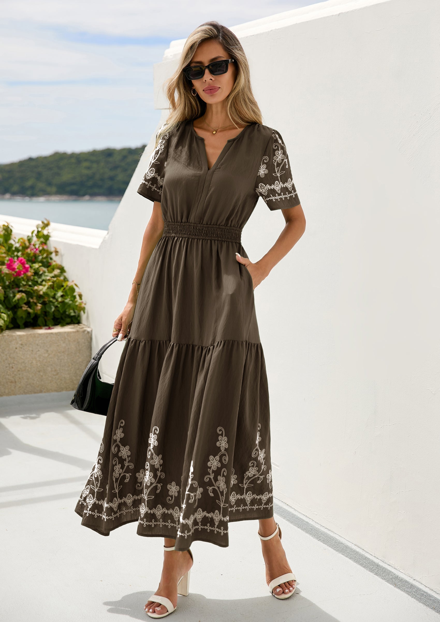 PRETTYGARDEN Women's Summer Boho Maxi Dress Spring Floral Short Sleeve V Neck A Line Flowy Beach Wedding Guest Dresses