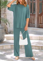 PRETTYGARDEN Women's 2 Piece Outfits Casual Short Sleeve Pullover Tops and Wide Leg Pants Lounge Sets Tracksuits