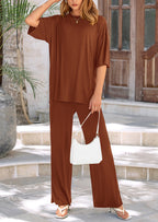 PRETTYGARDEN Women's 2 Piece Outfits Casual Short Sleeve Pullover Tops and Wide Leg Pants Lounge Sets Tracksuits