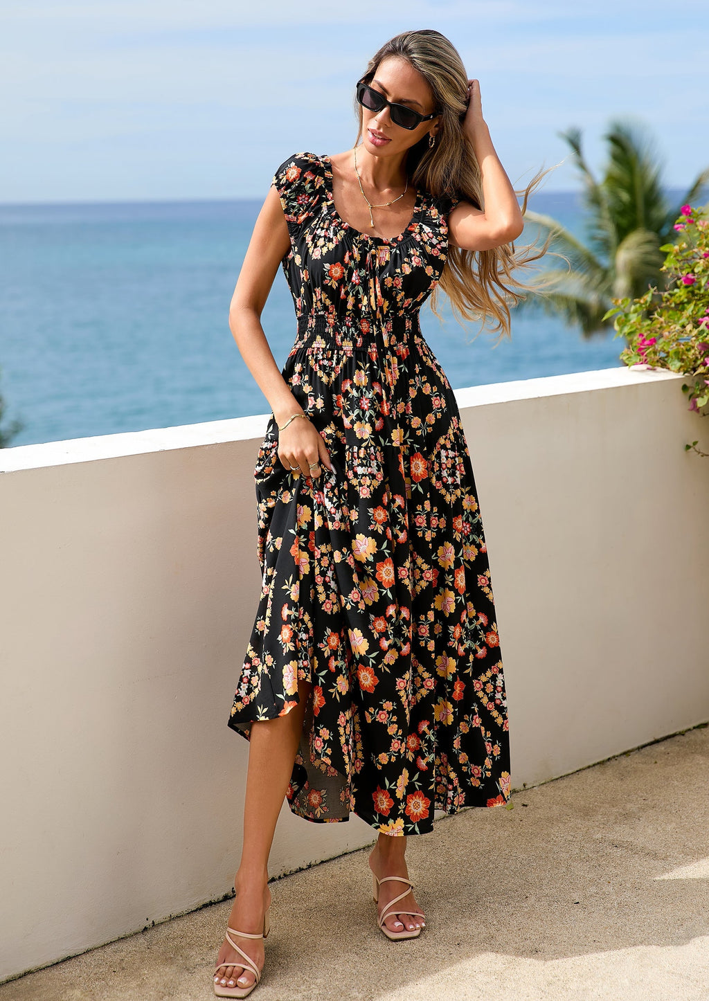 PRETTYGARDEN Women's Boho Maxi Dress Summer Cap Sleeve Long Flowy Beach Vacation Floral Sundresses Spring Resort Wear