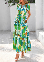 PRETTYGARDEN Women's Boho Maxi Dresses Floral Short Sleeve V Neck A Line Tiered Flowy Long Beach Vacation Dress