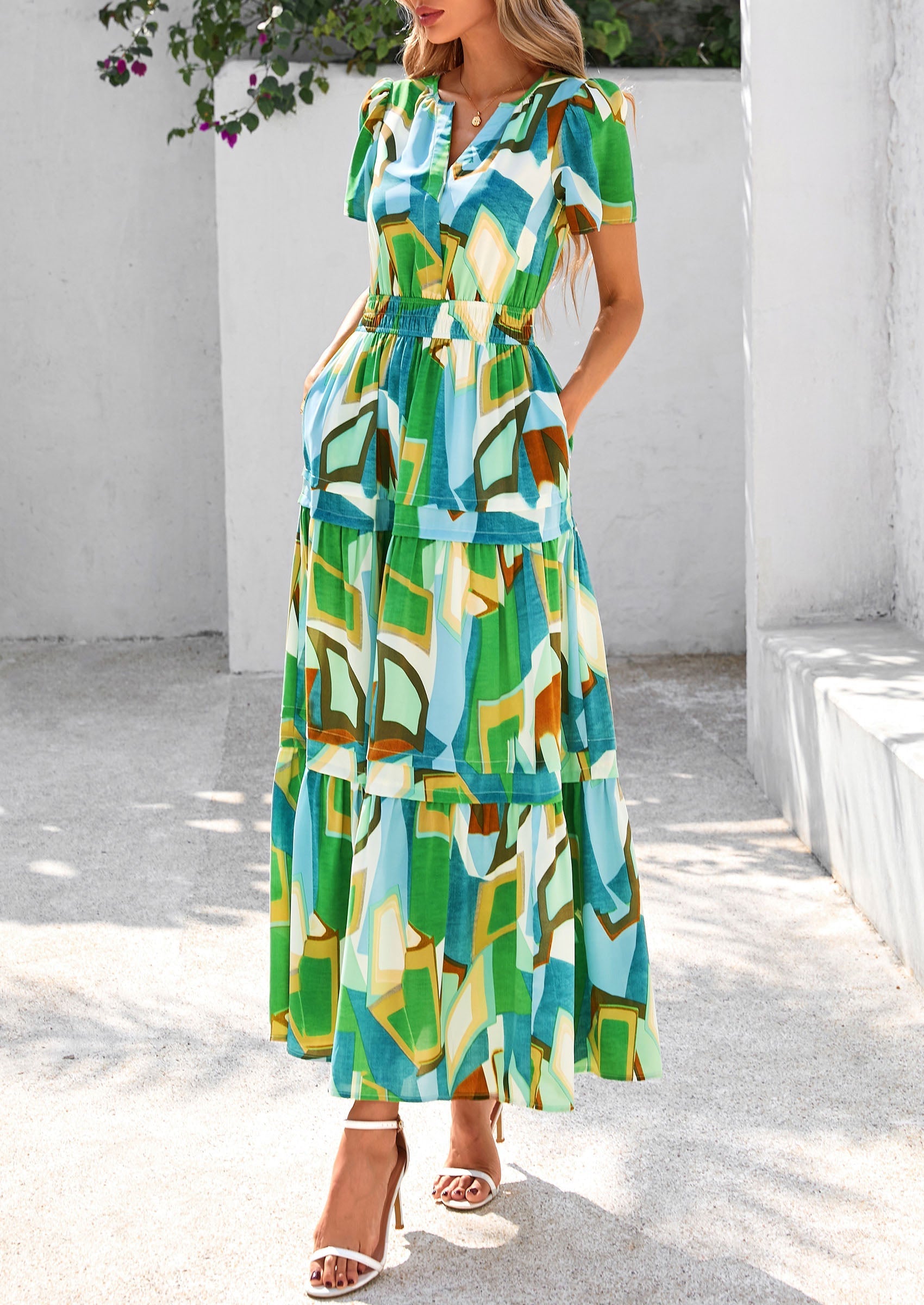 PRETTYGARDEN Women's Boho Maxi Dresses Floral Short Sleeve V Neck A Line Tiered Flowy Long Beach Vacation Dress