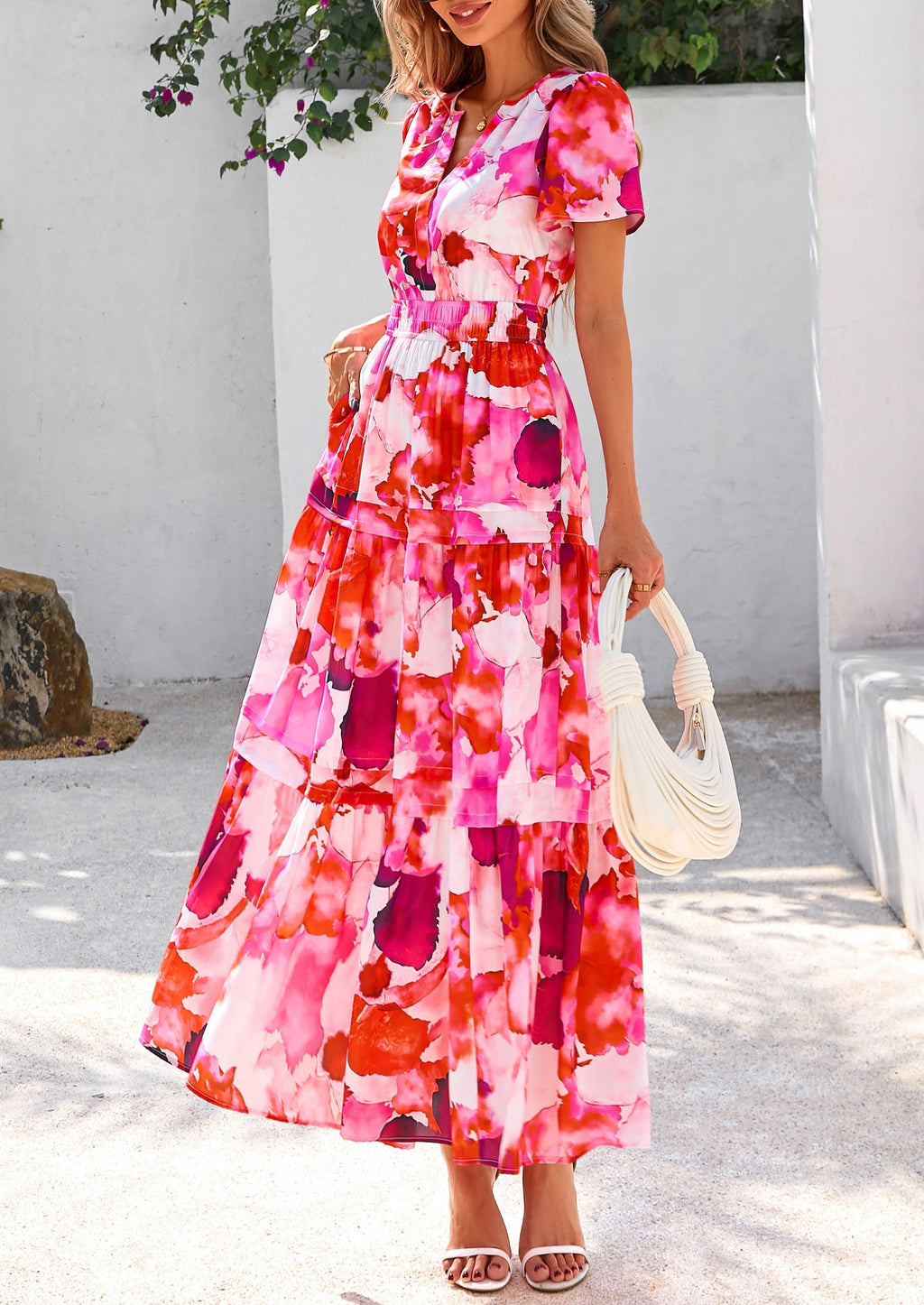 PRETTYGARDEN Women's Boho Maxi Dresses Floral Short Sleeve V Neck A Line Tiered Flowy Long Beach Vacation Dress